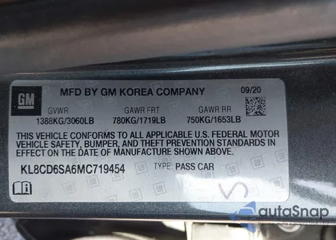 2021 Chevrolet Spark Fwd 1Lt Automatic z USA, uszkodzony, nr VIN KL8CD6SA6MC719454